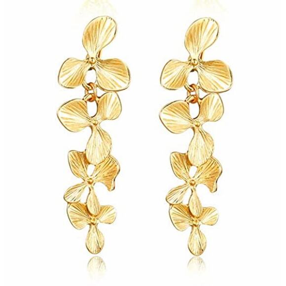 Flower Gold Dangle Earrings SCREW BACK Clip on - Picture 1 of 3